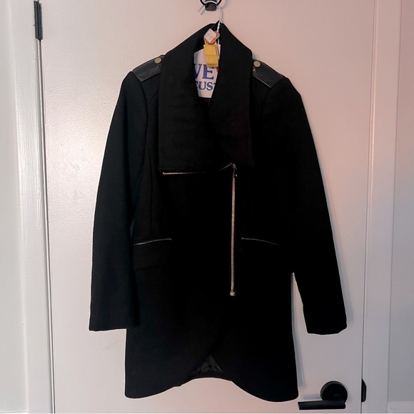 French Connection Black Wool Coat with Gold and Leather Detailing - Picture 1 of 6
